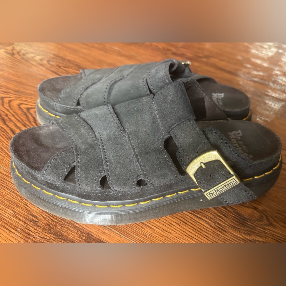 Dr. Martens Black Suede Slide Sandals with Yellow Stitching